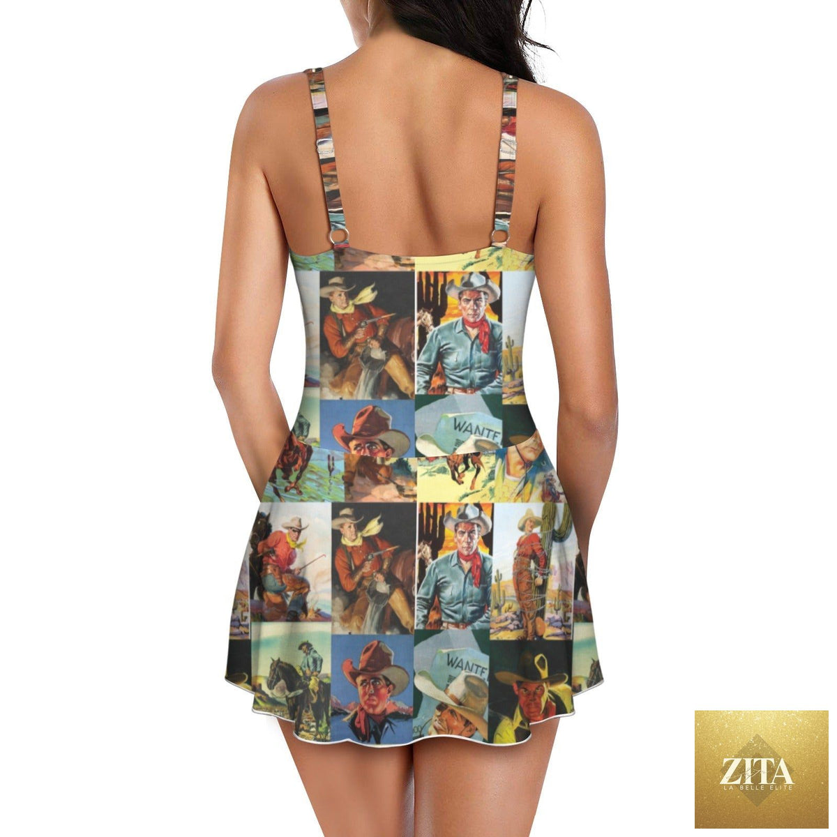 Vintage cowboy skirted swimsuit by Baha Ranch Western Wear, one-piece suit with Western-inspired design and denim skirt detail.