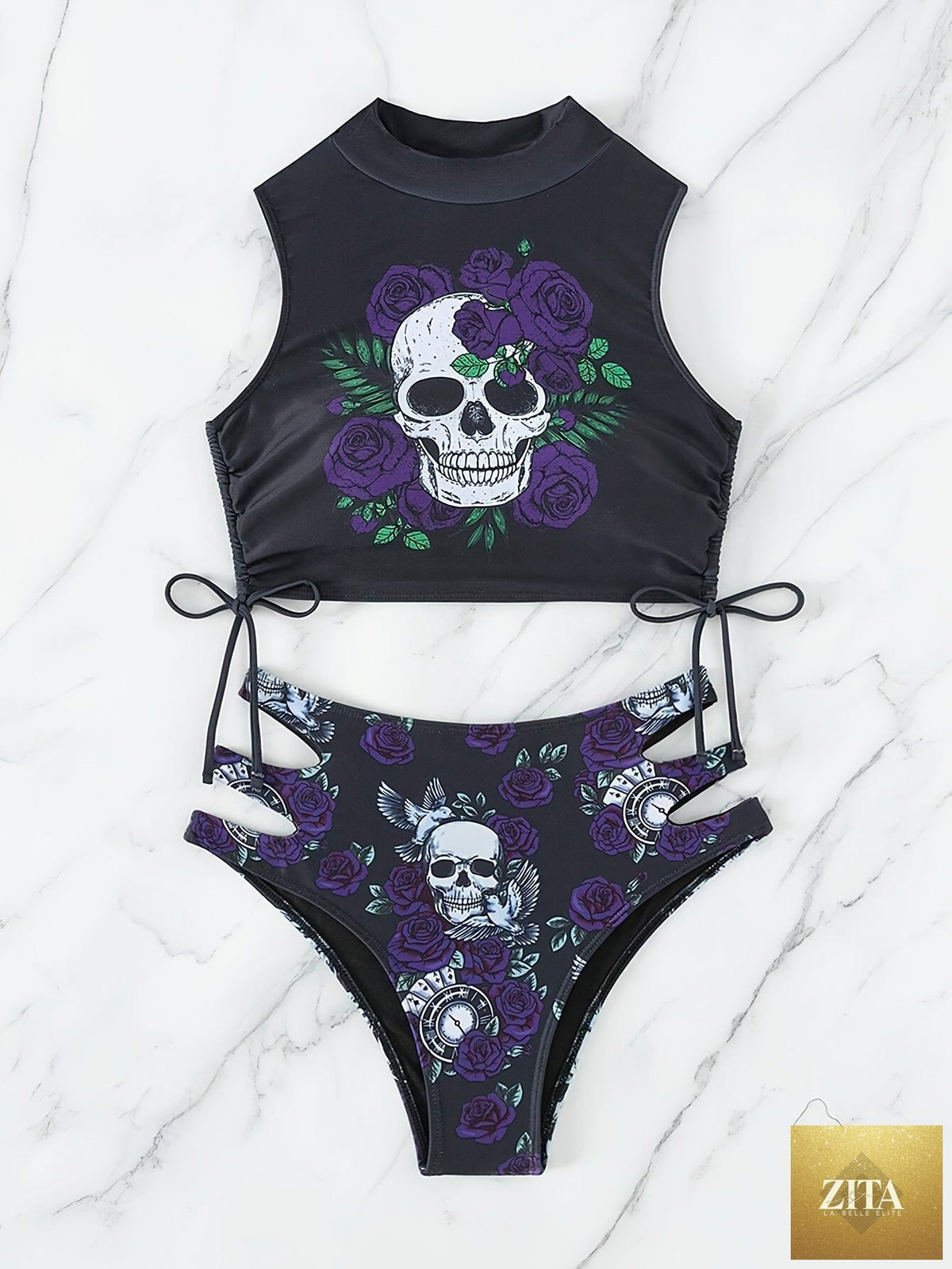 Stevvex skull print hollow-out bikini set with floral tie and lace-up details, perfect for beach, summer, and festival wear.