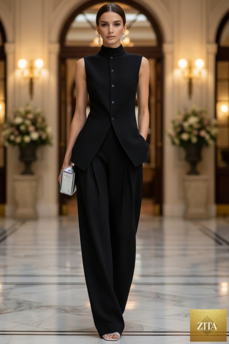 Women's stand collar longline vest top and wide-leg trousers two-piece set by MERIDGE, featuring stylish, coordinated fashion.