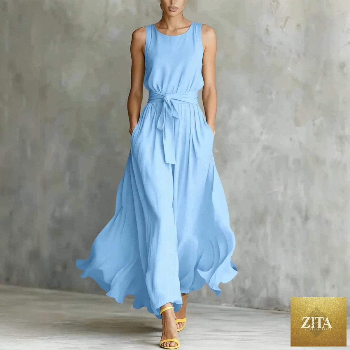 Women's lace-up waist-cinching sleeveless maxi dress by Zita La Belle Elite, flowing fabric and elegant design in a full-length view.