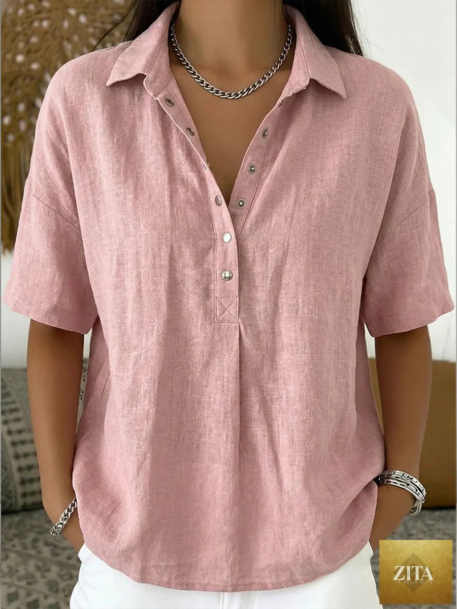 Solid color short sleeve button pullover shirt for women by Zita La Belle Elite, casual top with a classic design.