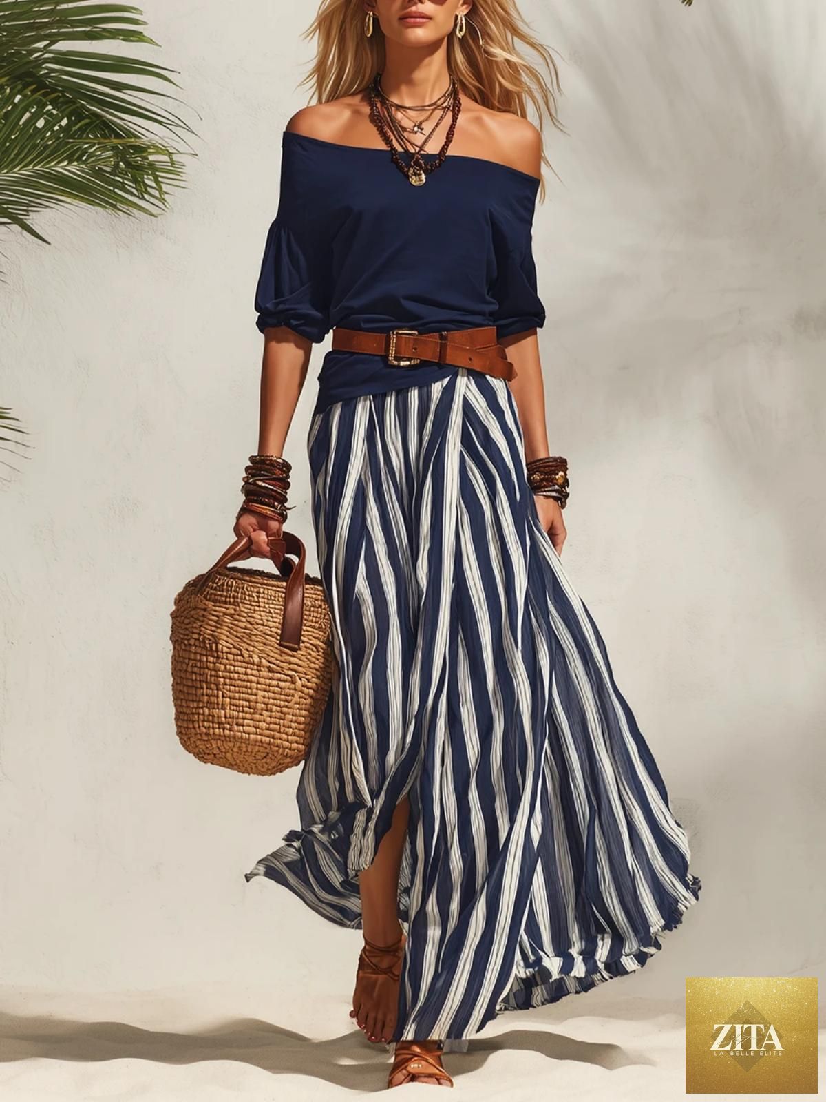 Women's off-shoulder top and slit maxi skirt set by Zita La Belle Elite, casualwear ensemble with flowing fabric and trendy design.