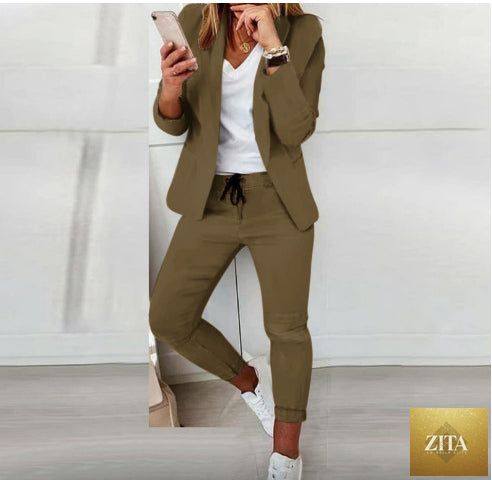 FitiqueFit two-piece lapel blazer and drawstring trousers OL suit in various colors, XS to 3XL, shown on a model.