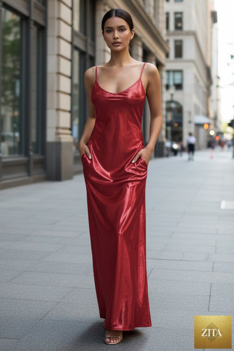 Textured mirror-finish U-neck maxi dress with pockets by Zita La Belle Elite, casualwear, shown in a full-length image.