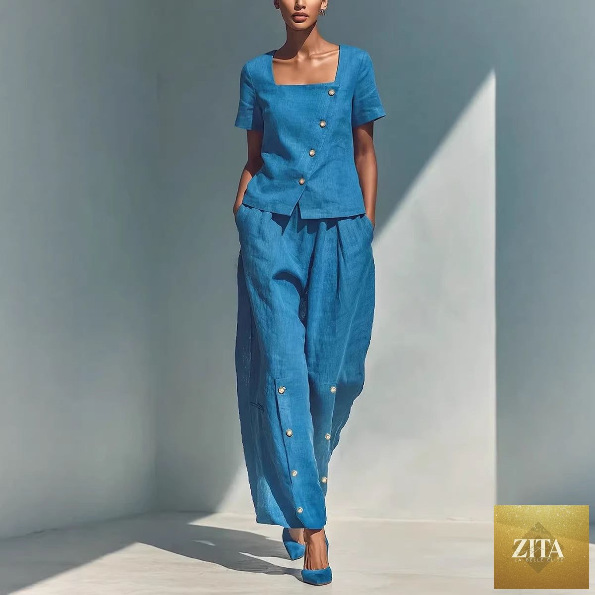 Plus size women's casual wear set with loose short-sleeve top and high-waist pants by Zita La Belle Elite, shown in natural fabric.