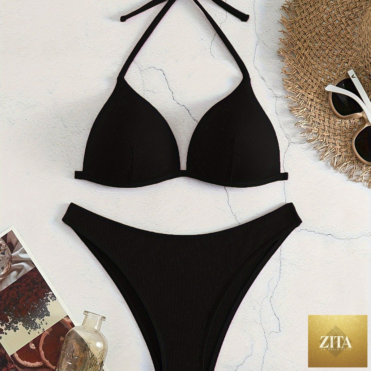 Stevvex bikini set with rib knit fabric, triangle top, adjustable tie back, and high stretch polyester for summer beach or poolside.