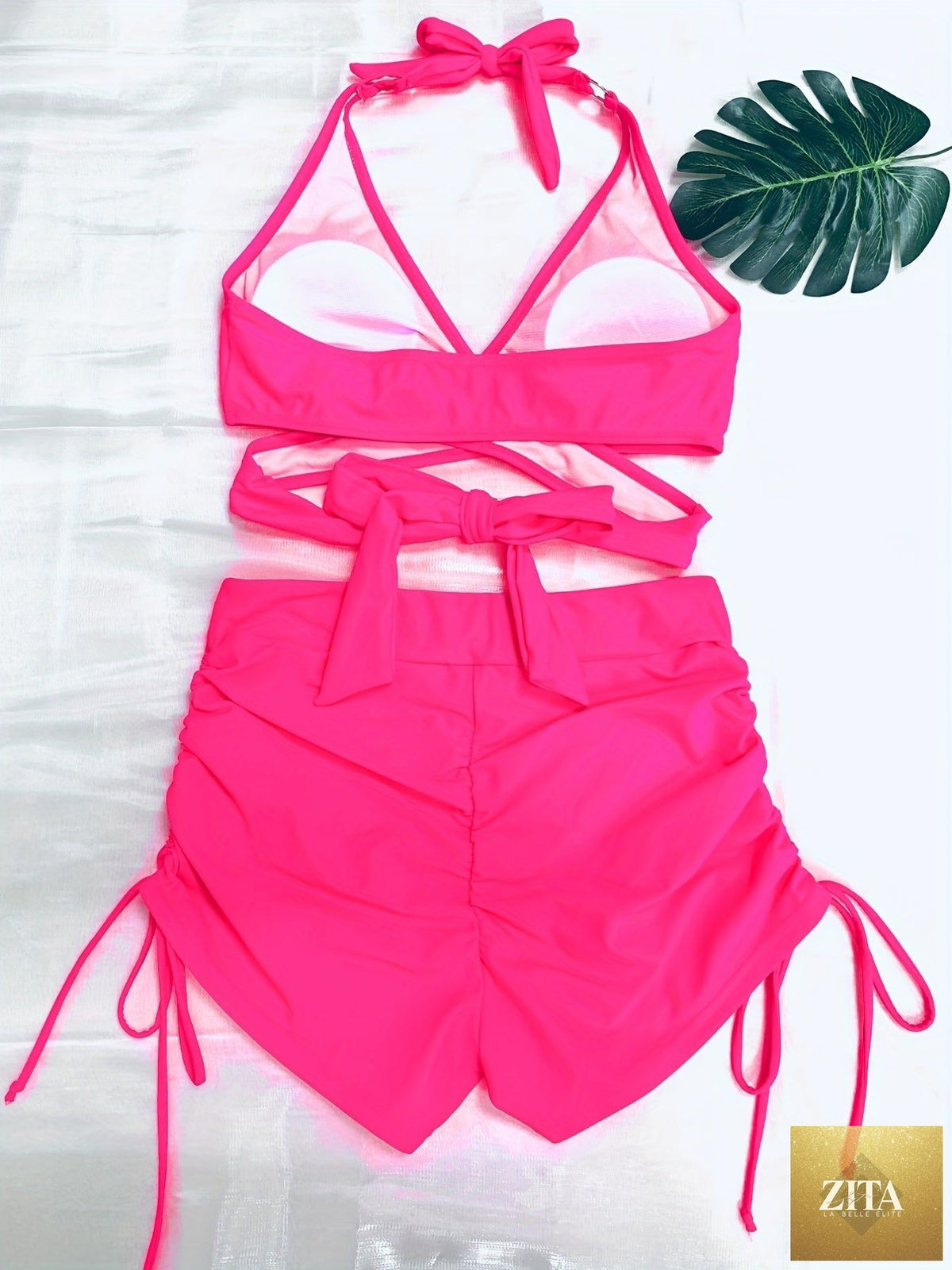 Stevvex coastal curve halter bikini set for women, V-neck crisscross swimsuit with ring detail and high-waisted boxer shorts.