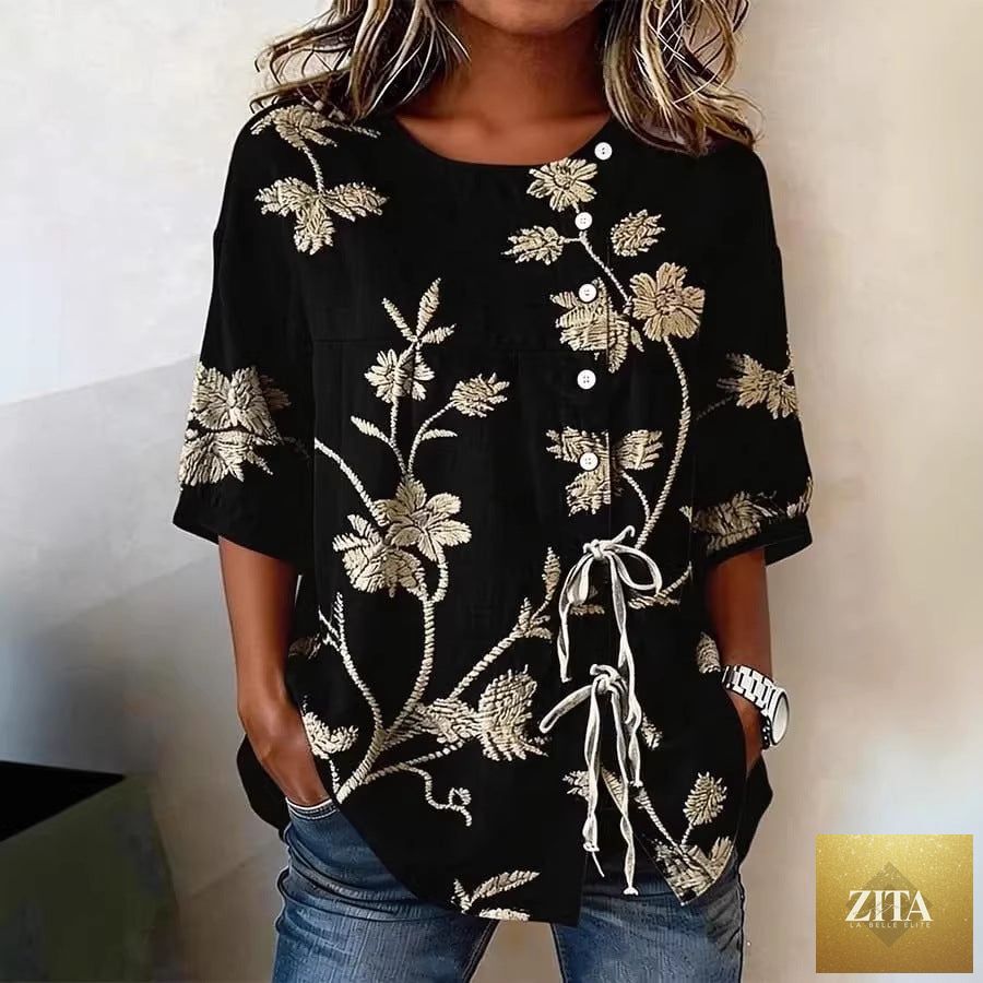 Women's floral 3D print pullover top by FitiqueFit, loose fit casualwear with elegant floral design in size S to 3XL.