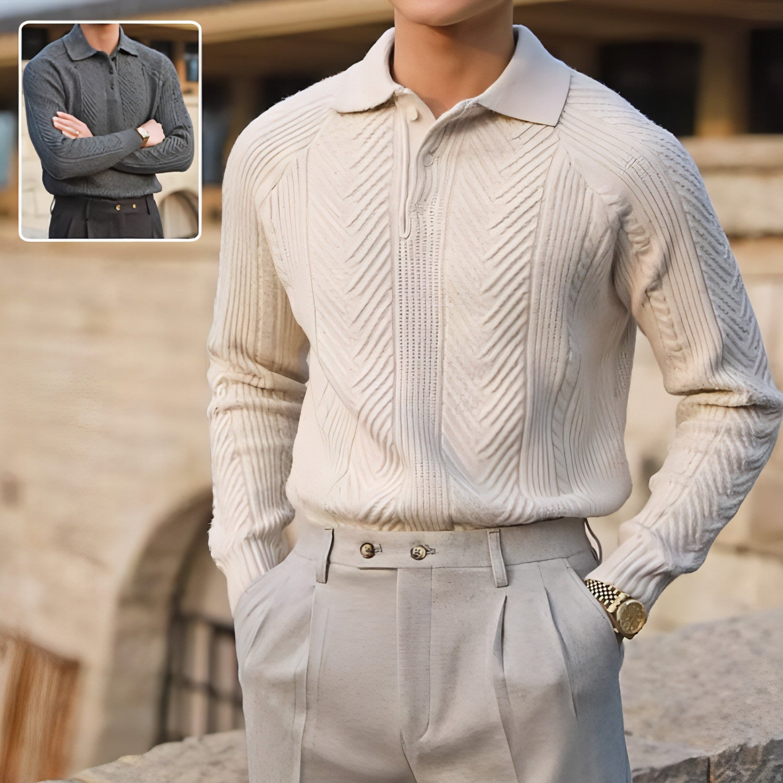 Men's Lapel Knitted Sweater Winter Pullover Long-sleeved Top Clothes Carmine Juneberry