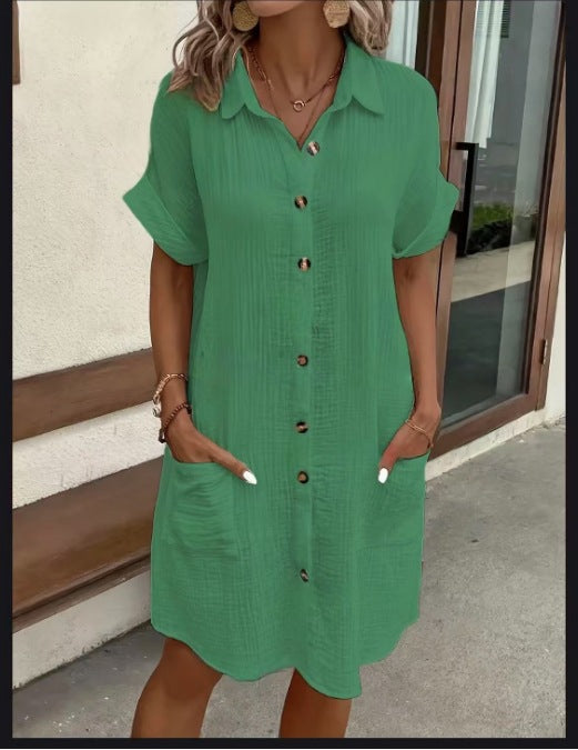 Women's casual loose-fit short-sleeve midi shirt dress with button-down front by FitiqueFit, perfect for relaxed everyday wear.