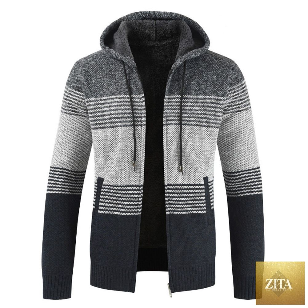 Men's autumn winter hooded sweater cardigan by FLIPSTYLEZLLC, featuring a cozy knit design and front pockets.