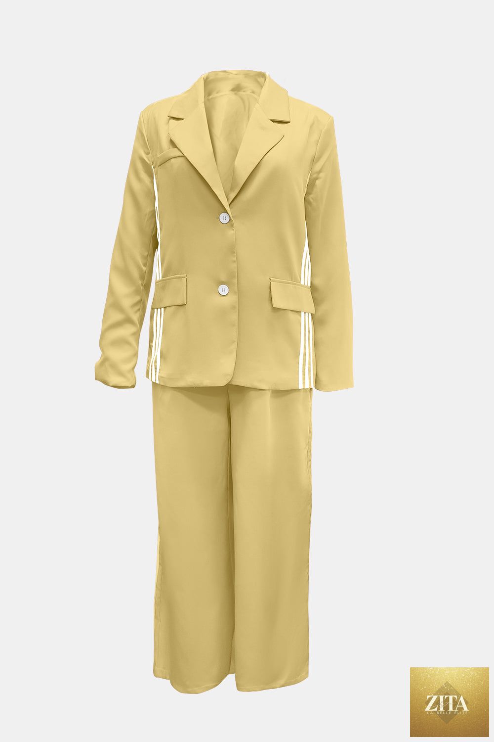 Wild and Free Boutique side striped long sleeve blazer and matching pants set, featuring a stylish tailored design and bold stripe pattern.