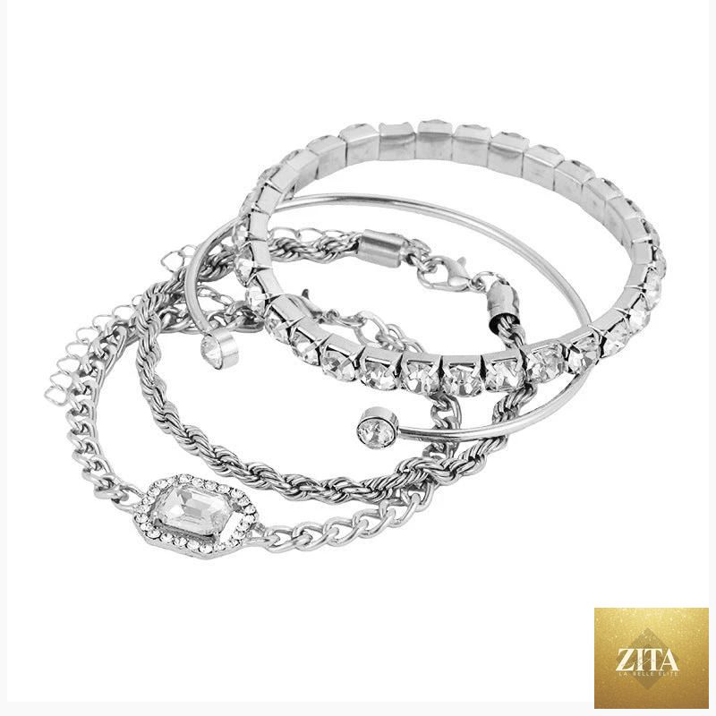 Mandotos fashion jewelry 4-piece crystal bracelet set featuring bohemian twisted cuff chains and vintage luxury armband accessories.