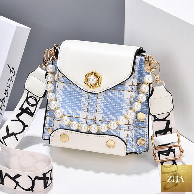 Mandotos women's crossbody bag with pearl chain, featuring a cute princess design and classic shoulder style for summer wear.