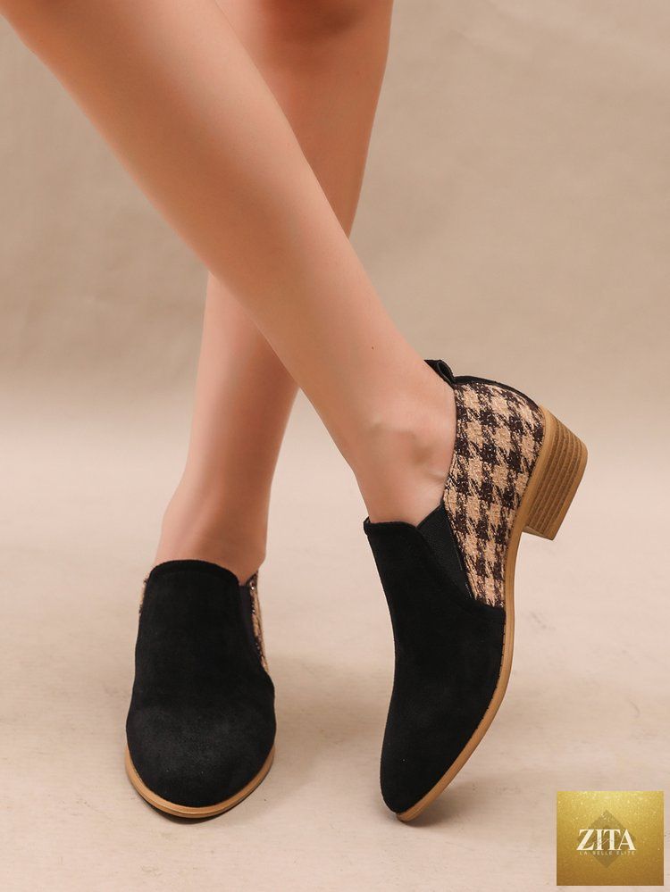 Women's retro color-block slip-on heels with round toe and mid heel, stylish dress shoes from FitiqueFit.