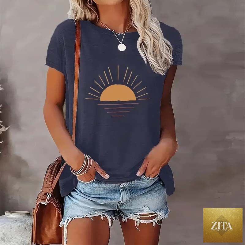 Zita La Belle Elite Sunrise Print Round Neck T-Shirt, casualwear with vibrant sunrise graphic on soft fabric, front view.