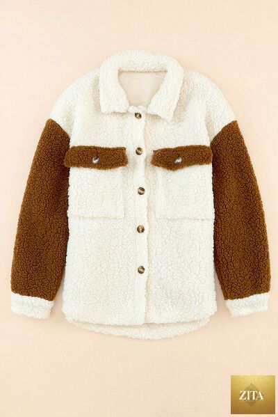 Women Stevvex cute sherpa jacket with button closure, collared neck, and retro style, featuring soft, plush fleece material.