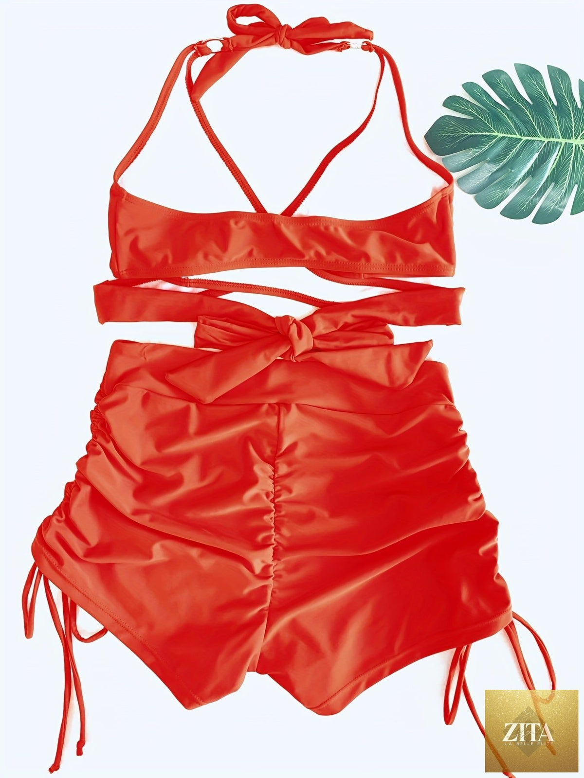 Stevvex Coastal Curve bikini set for women, V-neck halter with ring detail, high-waisted boxer shorts, in sleek nylon for beach and pool.