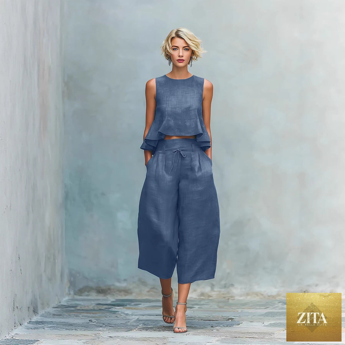 Women’s linen-blend sleeveless two-piece casual set with ruffled detailing by Zita La Belle Elite, shown laid out flat.