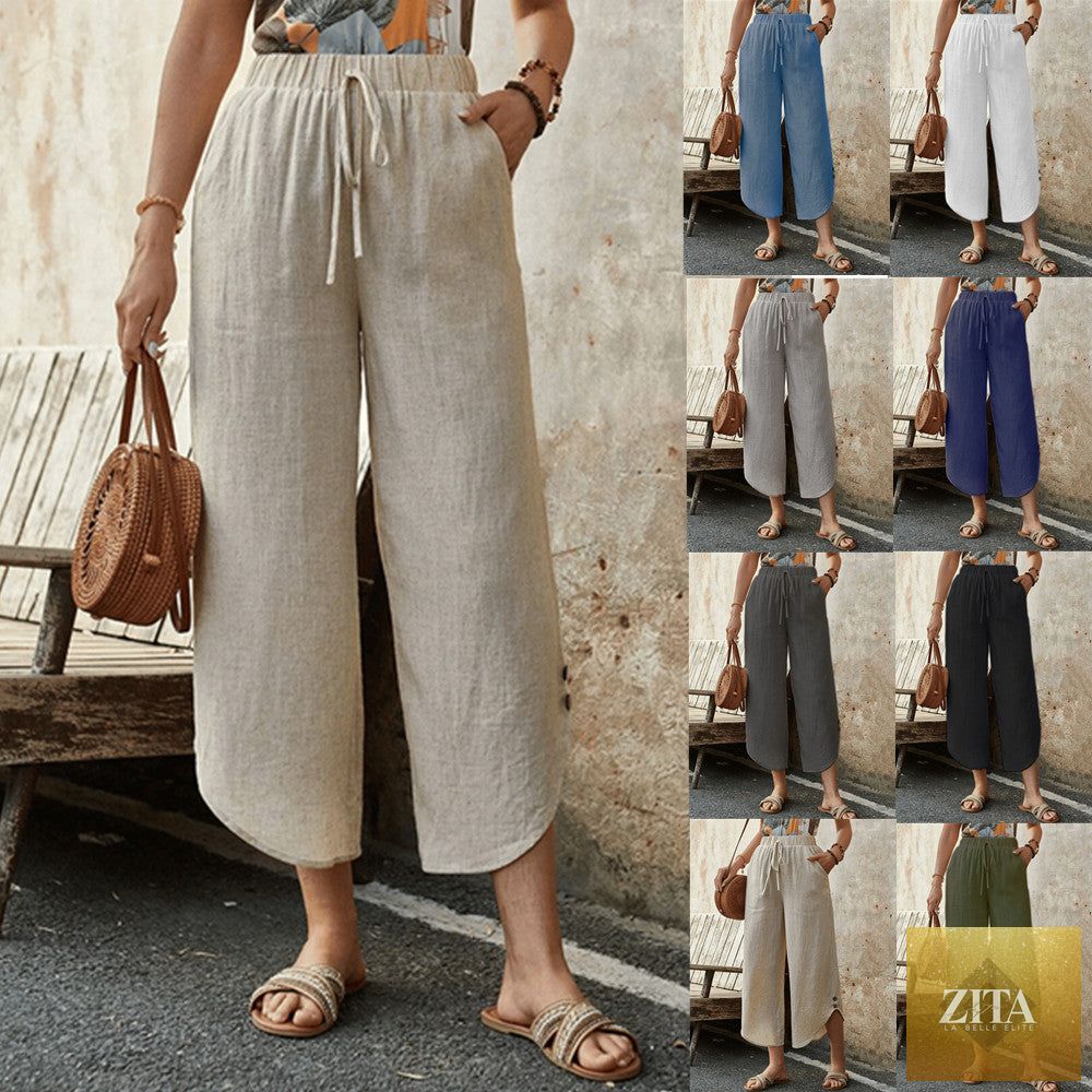 Women's cotton-linen cropped drawstring casual pants by FitiqueFit, featuring a relaxed fit and adjustable waistband.