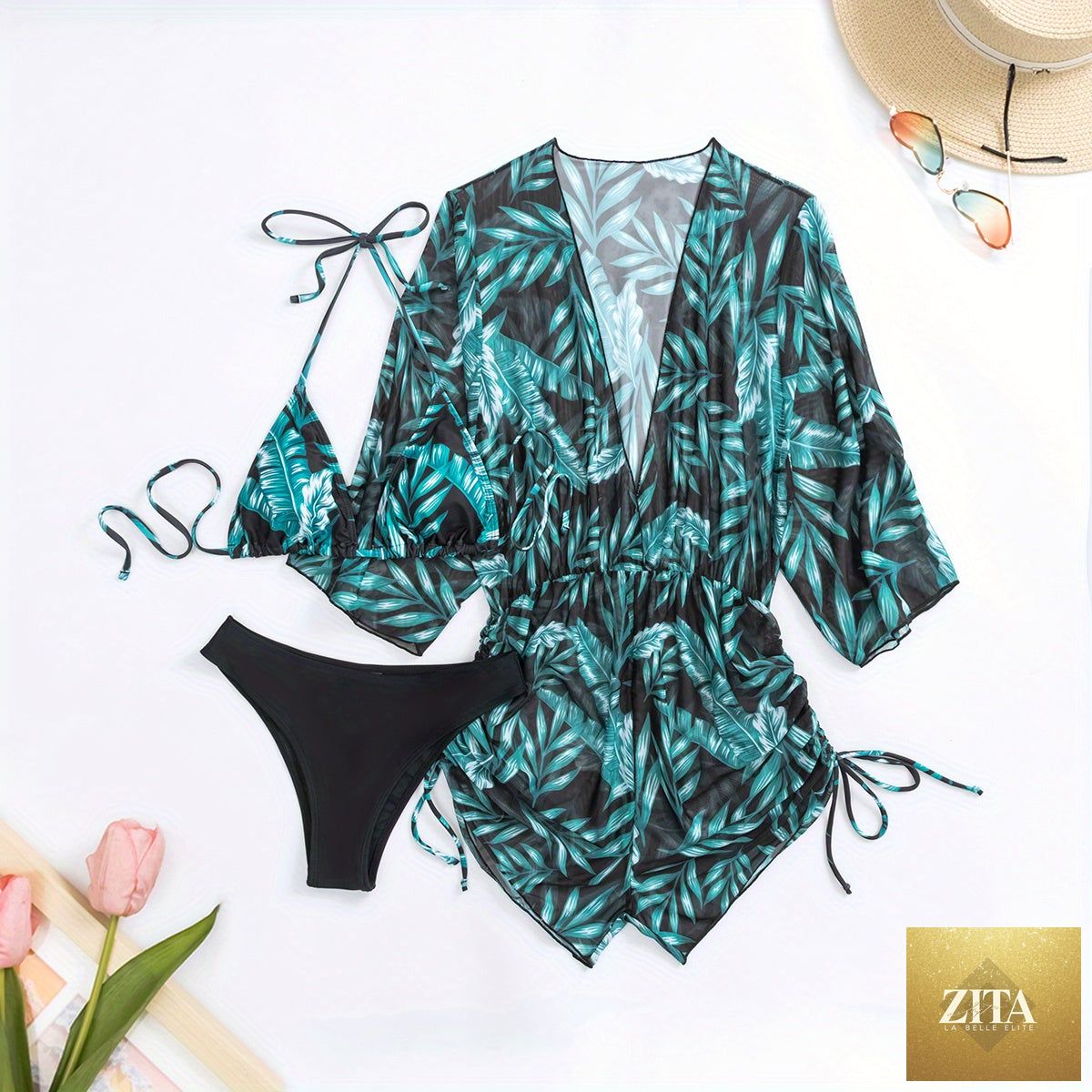 Stevvex Island Bloom 3-piece bikini set for women with tropical leaf print, halter top, high waist bottoms, and matching cover-up.