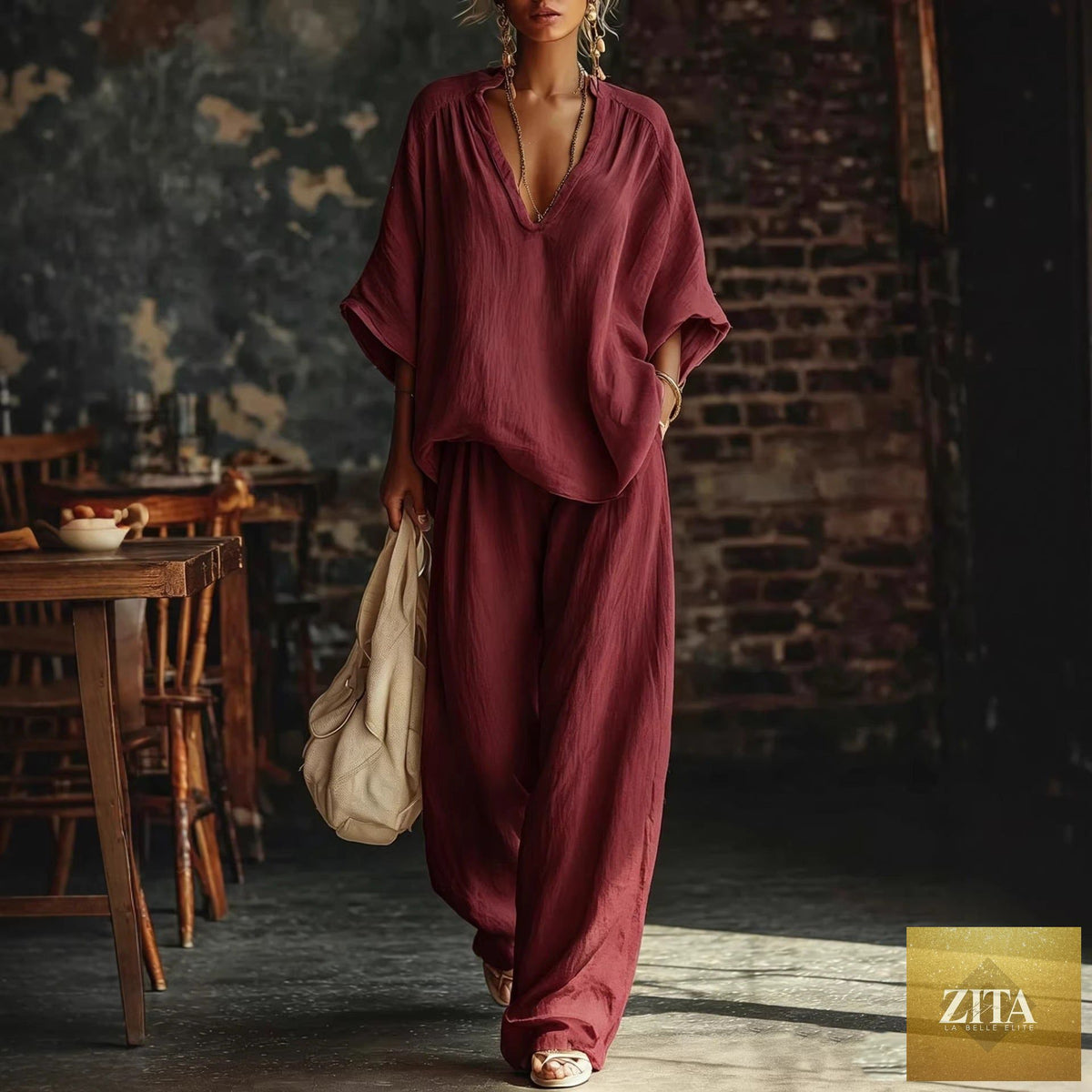 Zita La Belle Elite casualwear V-neck loose short-sleeve top and matching pants set in five colors, available in sizes S to 4XL.