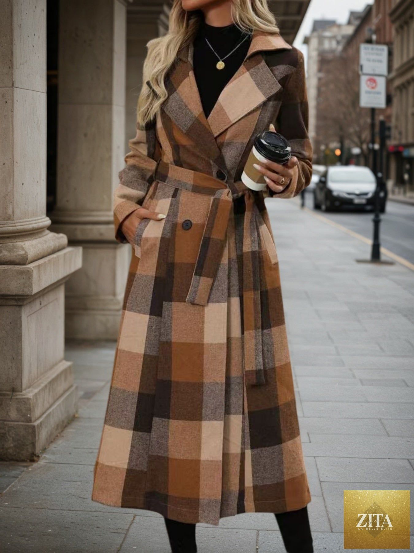 Women’s FitiqueFit woolen double-breasted lapel coat with lace-up long windbreaker design, shown in a stylish outdoor setting.