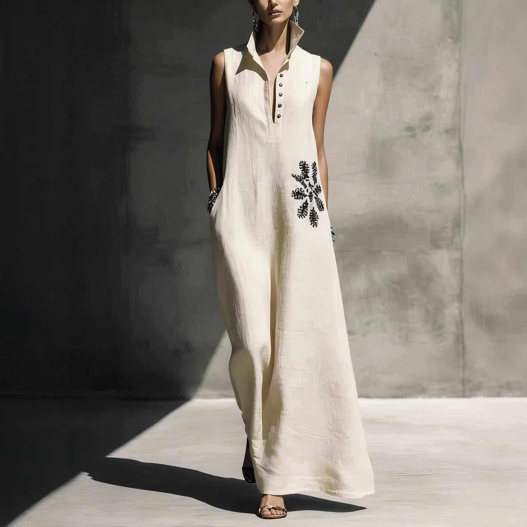Women's cotton linen maxi dress with graphic print, mandarin collar, and pockets from FitiqueFit, perfect for casual wear.