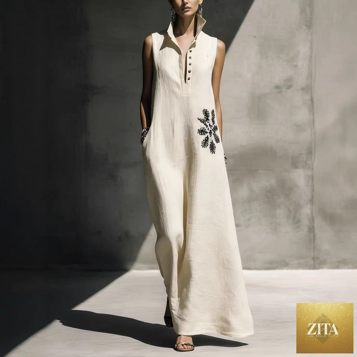 Women's cotton linen maxi dress with graphic print, mandarin collar, and pockets from FitiqueFit, perfect for casual wear.