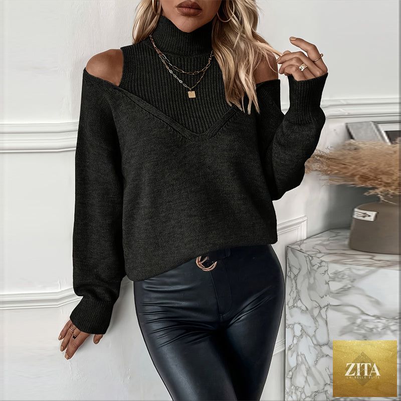 Women’s elegant off-shoulder turtleneck sweater by FitiqueFit, featuring long sleeves and a stylish knit design.