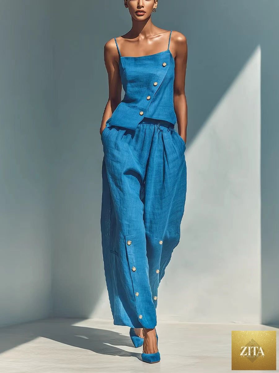 Women's gold-buckle camisole and pants two-piece casualwear set by Zita La Belle Elite, featuring stylish gold accents and comfortable fit.