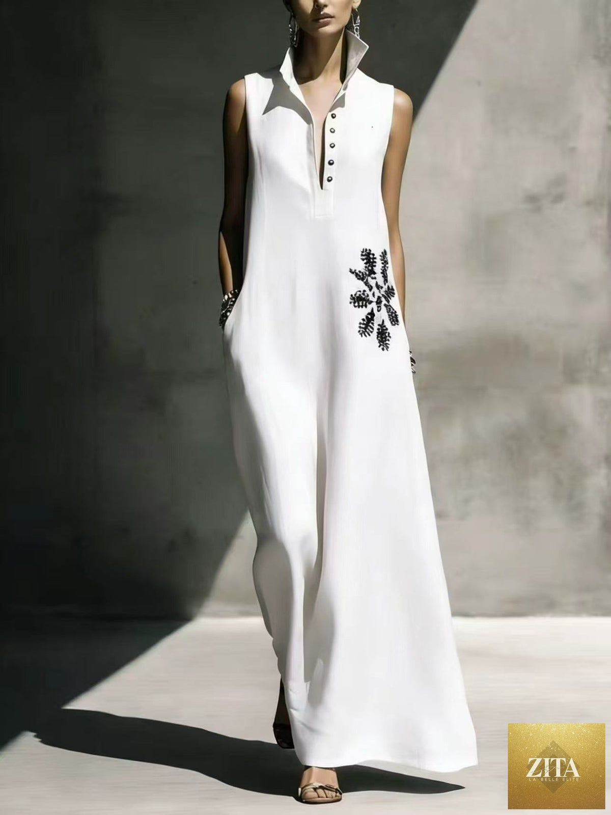 Women's cotton linen maxi dress with mandarin collar, graphic print, and pockets by FitiqueFit, perfect for casualwear.