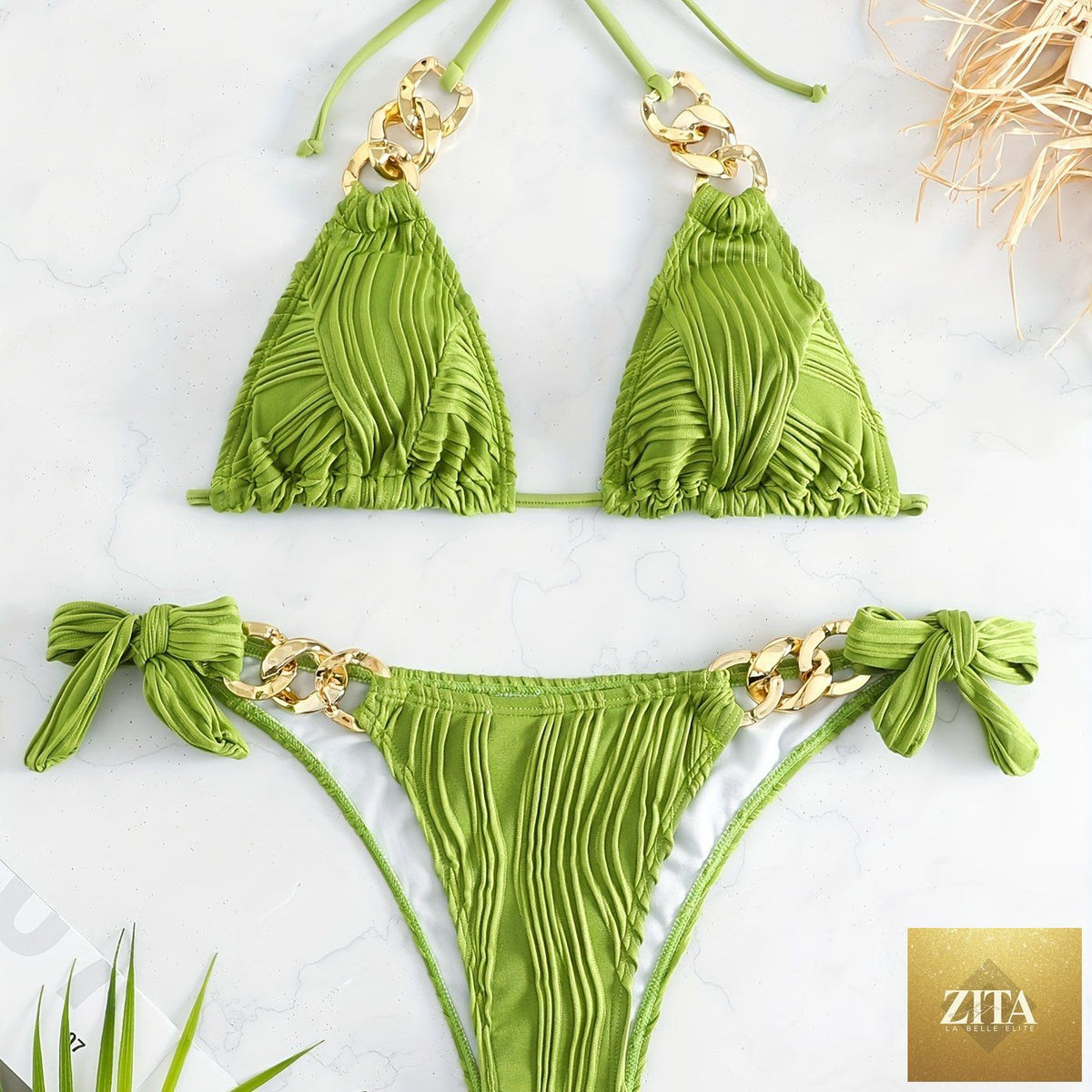 Striped gold chain bikini set with ruched texture, triangle top, bow tie sides, and ring link detail, perfect for summer beachwear.