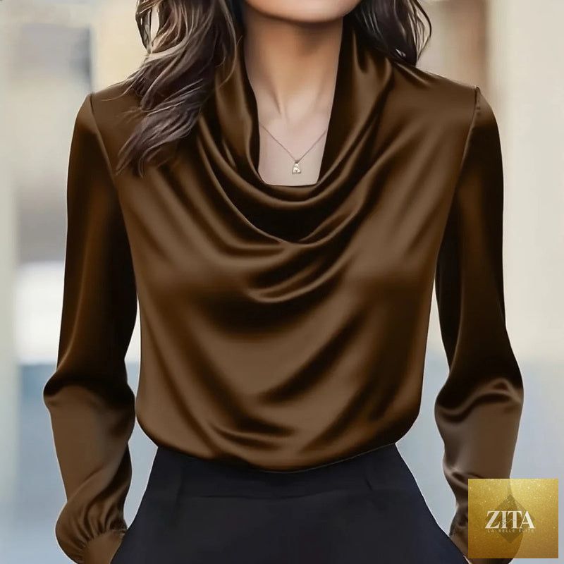Women's elegant draped neck blouse by FitiqueFit, casualwear style, shown on a model with flowing fabric and stylish design.