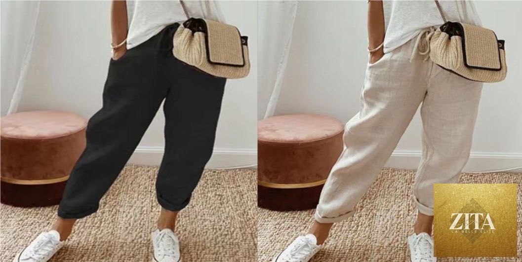 Women’s cotton linen casual pants by FitiqueFit in solid color, featuring relaxed fit and comfortable, lightweight fabric.