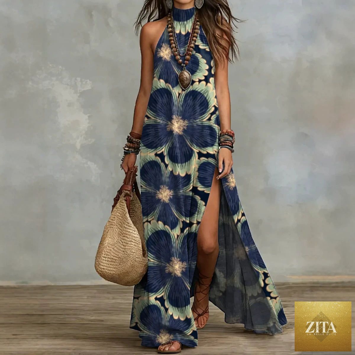 Zita La Belle Elite women's sleeveless floral print maxi dress with split design, flowing fabric and vibrant summer pattern.