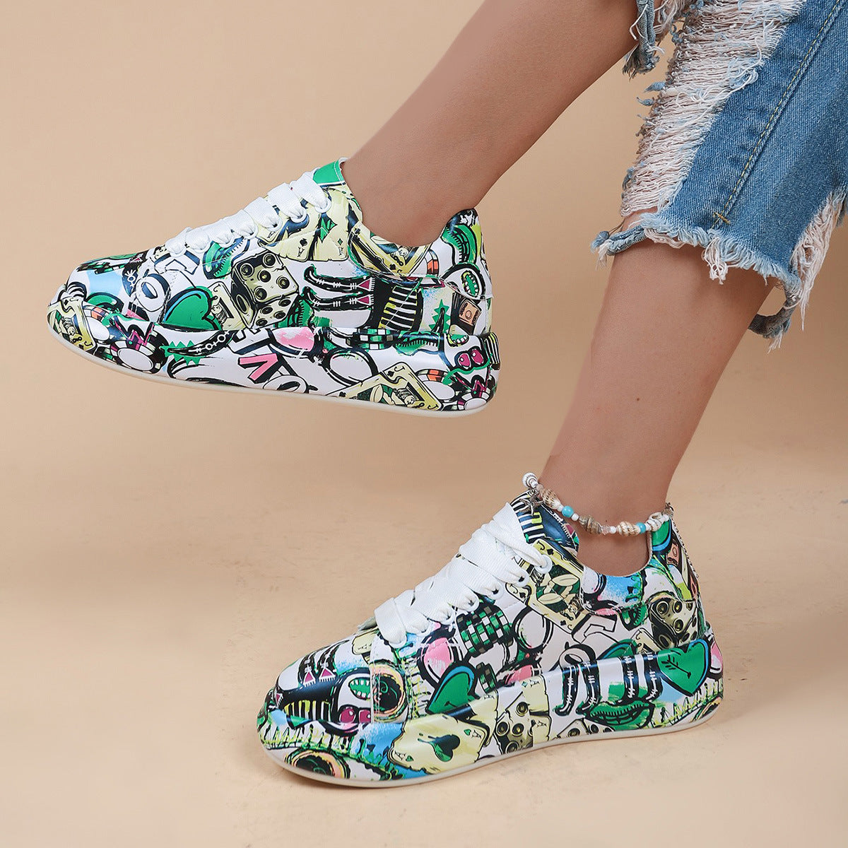 Women's FitiqueFit round-toe lace-up sneakers with thick soles and casual print, stylish footwear for everyday wear.