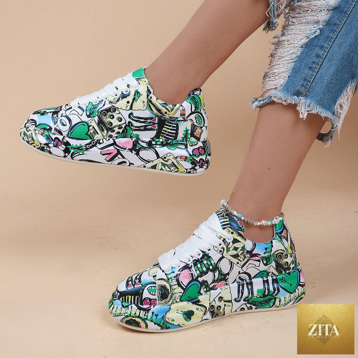 Women's FitiqueFit round-toe lace-up sneakers with thick soles and casual print design, suitable for everyday wear.