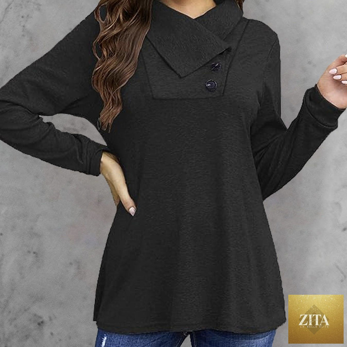 Women's long-sleeved hood collar button waist top by Zita La Belle Elite, casual T-shirt with stylish design and fitted silhouette.