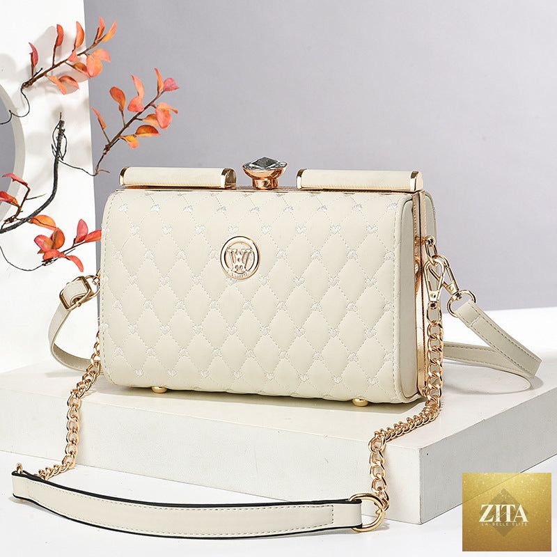 Social Buzz eSIMs diamond-quilted shoulder bag with a textured surface, featuring a stylish design and premium finish.