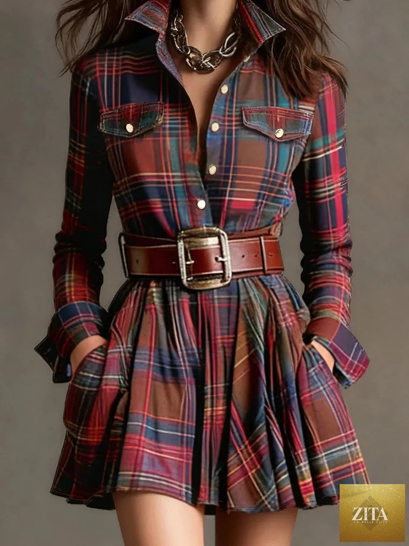Plaid long sleeve shirt dress from Shopiebay, featuring a button-front design, collar, and casual fit in a classic pattern.