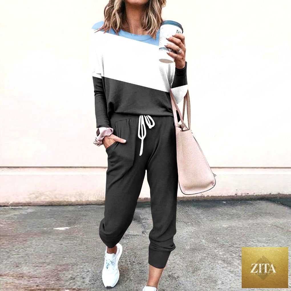 Zita La Belle Elite women's long sleeve T-shirt and pencil pants set with loose fit, striped and solid design, casual style.