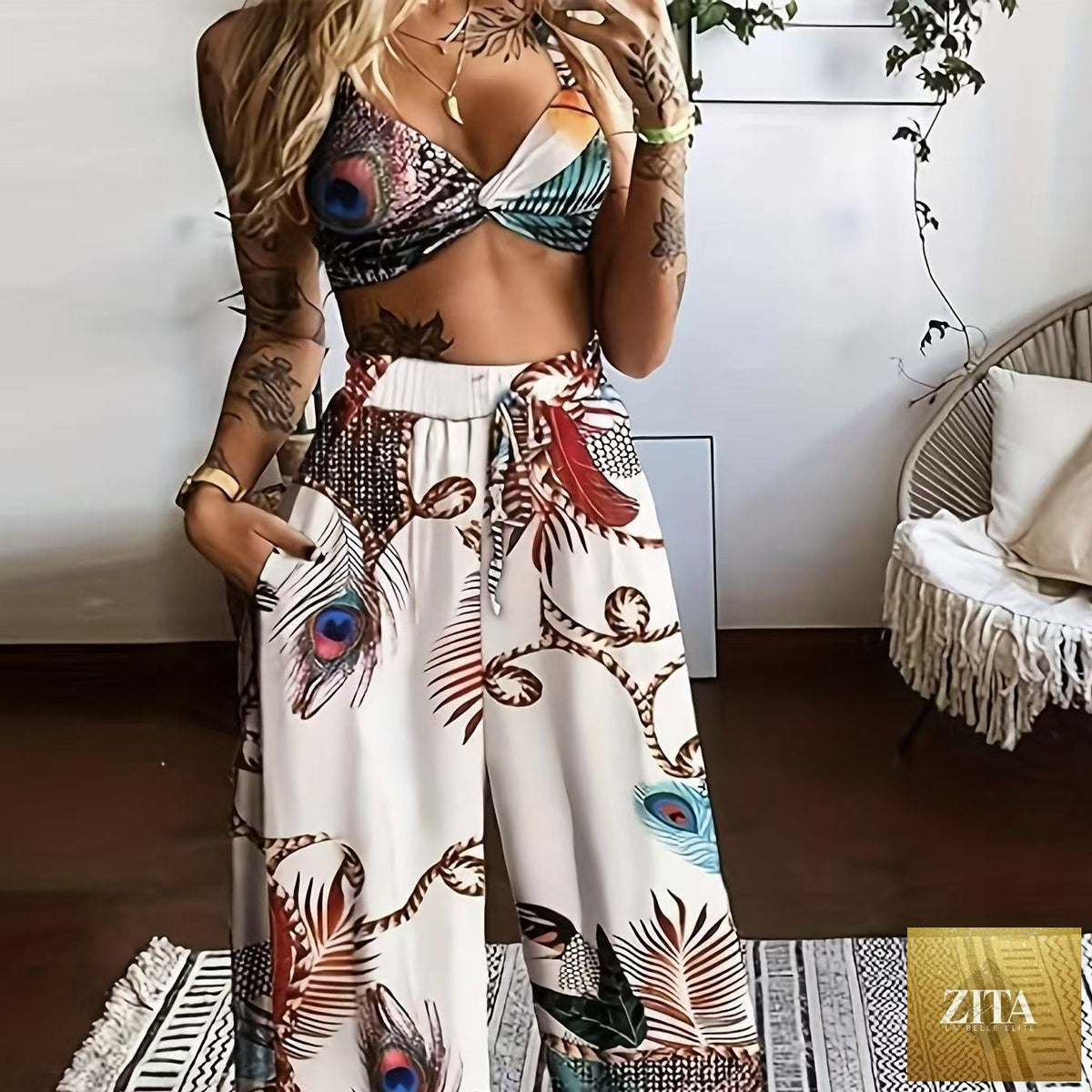 Zita La Belle Elite women's feather print crop top and pants set, casualwear 2-piece vacation outfit, lightweight and stylish.