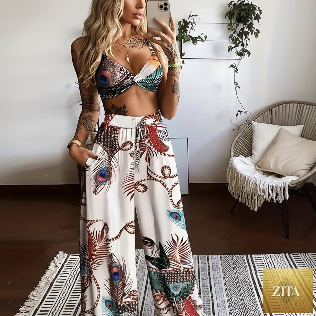 Zita La Belle Elite women's feather print crop top and pants set, casualwear 2-piece vacation outfit, featuring lightweight fabric and stylish design.