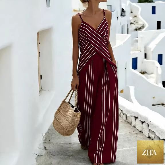Women's striped V-neck sleeveless two-piece casualwear set by FitiqueFit, featuring a relaxed fit and stylish design.