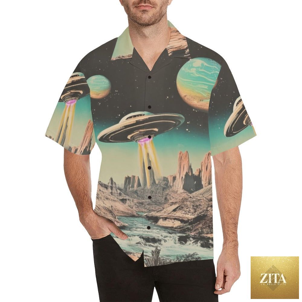 Retro Pop Western Space Cowboy Camp Shirt by Baha Ranch Western Wear, featuring vintage-inspired Western and space-themed design.