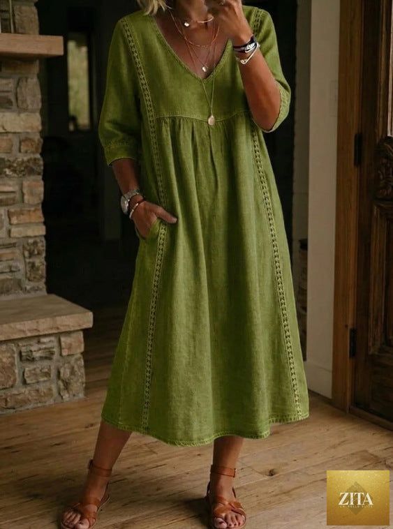 Women's linen cotton V-neck dress by Zita La Belle Elite with lace trim, loose fit, available in 7 colors, casualwear style.