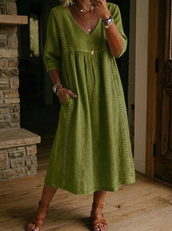Women's linen cotton V-neck dress by FitiqueFit with lace trim, loose fit, available in 7 colors, casualwear style.