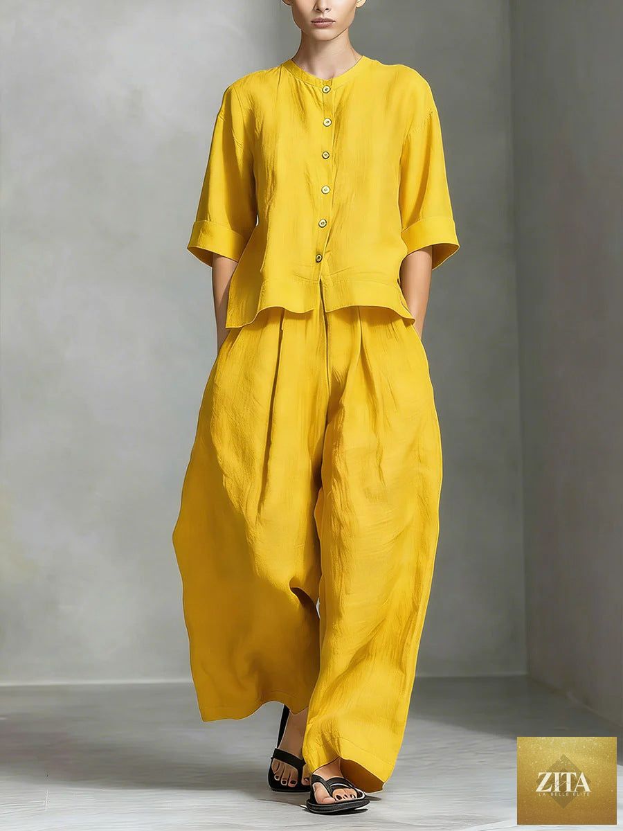 FitiqueFit three-quarter sleeve shirt and loose trousers two-piece set, stylish and comfortable casual outfit for women.