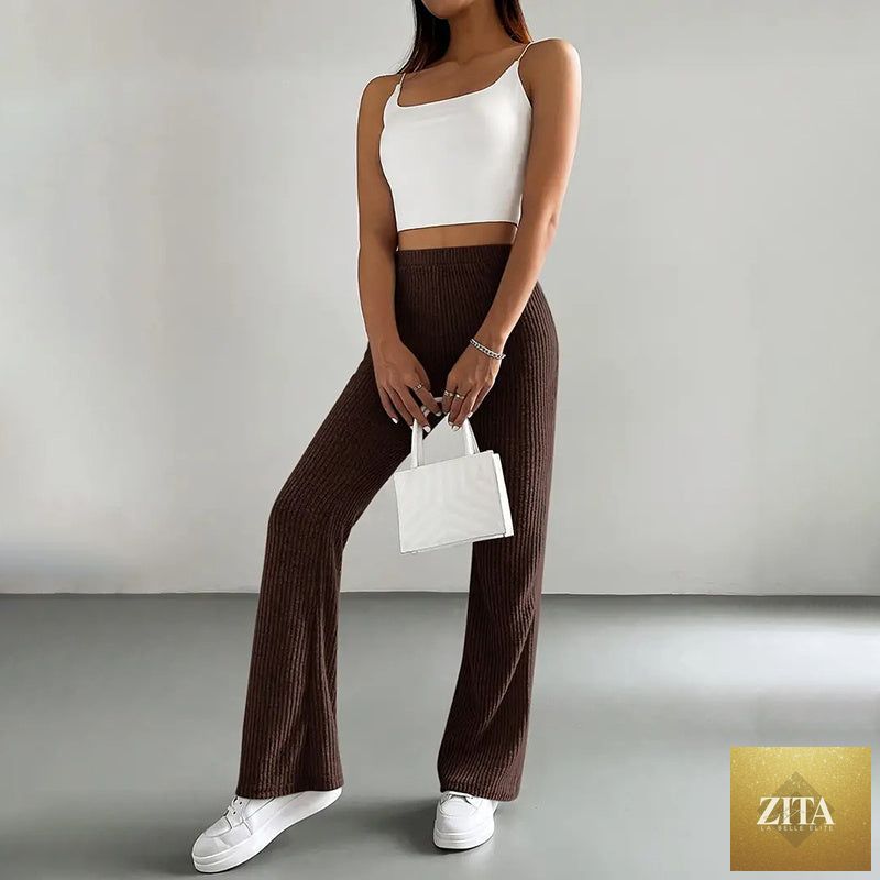 Solid rib-knit pull-on jogger pants for women by FitiqueFit, featuring a relaxed fit and casual style in a comfortable fabric.